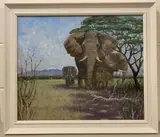 Elephants in in front of Kilimanjaro by David Baxter, oil on board, offered Dec 2022