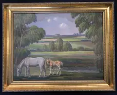 A grazing horse and foal by Geoffrey E. Mortimer, oil on board, offered Dec 2022
