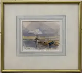 Boats on an estuary by Elizabeth Gardiner, watercolour and ink, offered Dec 2022