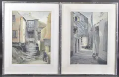 West Country fishing villages, narrow back streets with a fisherman, pair of watercolours by Jack Carter, watercolor, sold Feb 2025