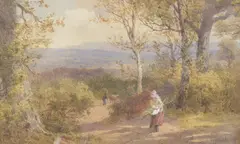 Woman carrying faggots on a Surrey heathland path by John Mole, 1871, watercolour, offered Feb 2025