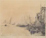 Tug boats moored on an embankment by William Lionel Wyllie, etching, sold Feb 2025