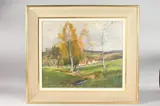 Building and silver birch trees by Marin Genoud, Oil on board, sold Jan 2025