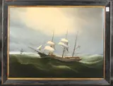 French, a three masted ship in heavy seas by Célestin Deshayes, oil on canvas, sold Jan 2025