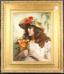Female figure in a hat adorned with wildflowers and carrying a spray by Rowland Holyoake, 1888, oil on canvas, sold Jan 2025