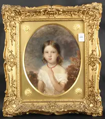 Half length portrait of Elizabeth Palfreeman Wilson, aged 5 years, 1851, oval, canvas by Francis John Wyburd, oil, sold Jan 2025