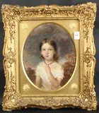 Half length portrait of Elizabeth Palfreeman Wilson, aged 5 years, 1851, oval, canvas by Francis John Wyburd, oil, sold Jan 2025