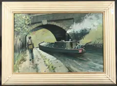 Salford Artist.Figure on a towpath with a barge beneath a bridge by Tom Brown, oil on canvas, sold Jan 2025