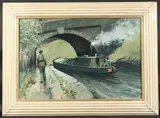 Salford Artist.Figure on a towpath with a barge beneath a bridge by Tom Brown, oil on canvas, sold Jan 2025
