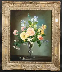 Mixed Flowers in an English 17th Century Wine Glass by Cecil Kennedy, oil on canvas, sold Jan 2025