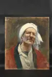 Self portrait, head and shoulders, wearing a turban by George Weissbort, Oil on board, sold Jan 2025