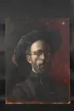 Self portrait, head and shoulders, wearing a cavalier type hat by George Weissbort, Oil on board, sold Jan 2025