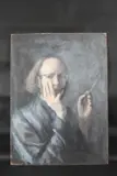 Self portrait, head and shoulders, holding a paintbrush by George Weissbort, Oil on board, sold Jan 2025