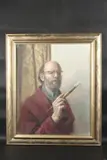 A self portrait, head and shoulders of the artist holding a paintbrush by George Weissbort, oil on board, sold Jan 2025