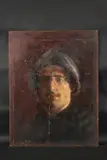 Self portrait, head and shoulders of the artist in a Spanish helmet by George Weissbort, Oil on board, sold Jan 2025