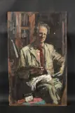 A full-length early self portrait of the artist sitting in a chair by George Weissbort, Oil on board, sold Jan 2025