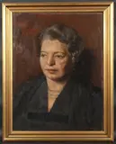 Portrait, head and shoulders of a lady wearing a triple row of pearls by George Weissbort, 1957, oil on board, sold Jan 2025