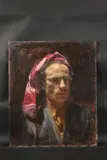 A self portrait, head and shoulders of the artist in a pink headdress by George Weissbort, Oil on board, sold Jan 2025