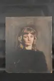 Portrait, head and shoulders of a lady with blonde hair by George Weissbort, oil on board, sold Jan 2025