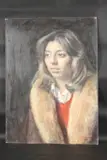 Portrait, head and shoulders of a lady wearing a fur coat by George Weissbort, 1976, oil on board, sold Jan 2025