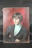 Portrait, head and shoulders of a girl with neck chain by George Weissbort, oil on board, sold Jan 2025