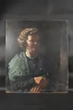 Portrait, head and shoulders of a lady wearing a wool jumper by George Weissbort, Oil on board, sold Jan 2025