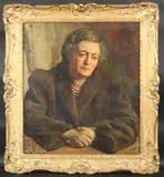 A portrait, head and shoulders of a lady wearing a fur coat by George Weissbort, oil on board, sold Jan 2025