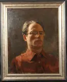 Portrait, head and shoulders, artist with moustache by George Weissbort, oil on board, sold Jan 2025