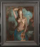 Portrait, three-quarter length abstract of a young lady by George Weissbort, Oil on board, sold Jan 2025