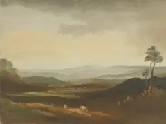 Extensive landscape with livestock in the foreground by Philip Hugh Padwick, oil on canvas, sold Dec 2024