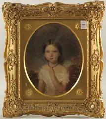 Half length portrait of Elizabeth Palfreeman Wilson, aged 5 years, 1851, oval, canvas by Francis John Wyburd, oil, sold Dec 2024