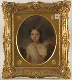 Half length portrait of Elizabeth Palfreeman Wilson, aged 5 years, 1851, oval, canvas by Francis John Wyburd, oil, sold Dec 2024