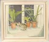 A cat resting amongst flowerpots on a windowsill by Brian Wilson, oil on canvas, sold Dec 2024