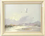 Swans flying over water with hills beyond by C. Howard Devonald, oil on canvas, sold Dec 2024