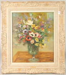 A still life of colourful flowers in a glass vase by Marcel Dyf, Oil on canvas, sold Dec 2024