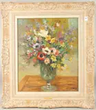 A still life of colourful flowers in a glass vase by Marcel Dyf, Oil on canvas, sold Dec 2024