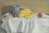 Bananas and tomatoes and a blue jug on a white cloth by George Weissbort, Watercolour, sold Dec 2024