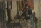 A young girl in an interior with a white cloth on a table by George Weissbort, oil, offered Dec 2024