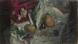 Apples and Pears with checked cloth by George Weissbort, oil, sold Dec 2024