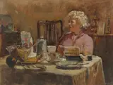 A lady sitting at a table, laid for tea by George Weissbort, 1956, oil, sold Dec 2024