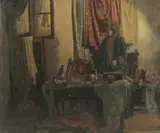 Interior, a woman standing at a table with an apple etc by George Weissbort, oil, sold Dec 2024