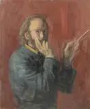 A portrait of the artist holding a paint brush by George Weissbort, oil, sold Dec 2024