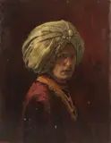 Portrait head and shoulders of a man wearing a turban by George Weissbort, oil, sold Dec 2024