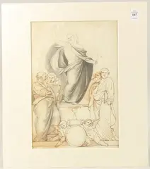 A bookplate design with Fra Bartolomeo's Christ with the Evangelists, pen by Samuel Woodforde, ink and grey, sold Dec 2024