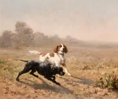 French.Two dogs on the scent in a landscape by Jean Victor Albert de Gesne, oil on canvas, sold Nov 2024