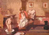 Mother bathing her children in an interior by Bernard Dunstan, oil on board, sold Nov 2024