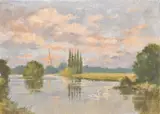 Swans on a river with a church spire beyond by William Burns, oil on canvas, sold Nov 2024