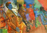 South African, A scene of figures dancing while a jazz band plays by Sandy Esau, mixed media, sold Nov 2024