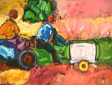 Zimbabwe/South African, A scene of figures on vehicles in an African landscape by Tendai Nahvira, acrylic on board, sold Nov 2024