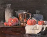 STILL LIFE, tomatoes, jug and decanter, board, 13ins x 16ins (33cm x 41cm) by George Weissbort, oil, sold Nov 2024